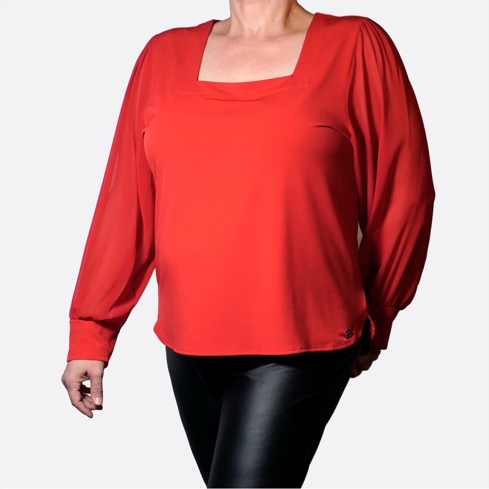 Calvin Klein Ruby Red Square Neck Sheer Sleeve Blouse L XL 1X 12 14 Quiet Luxury